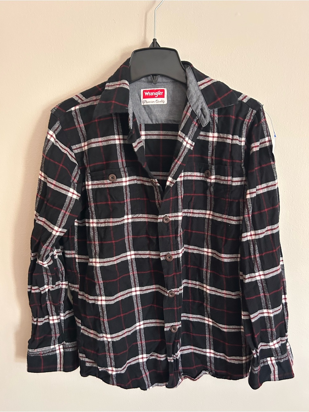 Wrangler Black Plaid Button-Down Shirt with White and Red Checks